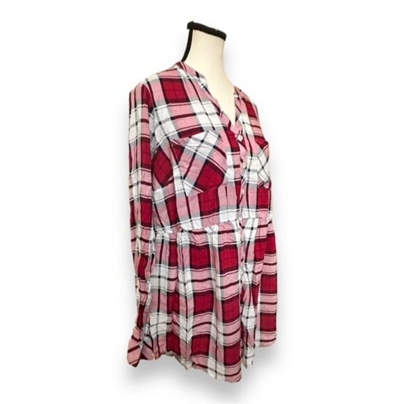 Women’s torrid 1 Beet Red Plaid Emma Babydoll Challis Button Front Tunic 14 16 - Picture 8 of 12
